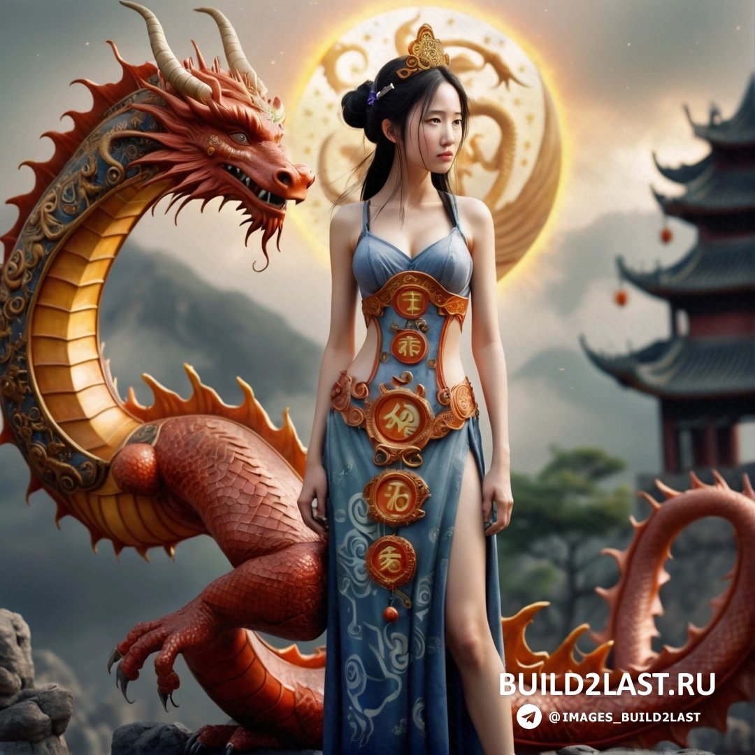 женщина в синем платье, стоящая рядом со статуей дракона в китайском храме на фоне луны