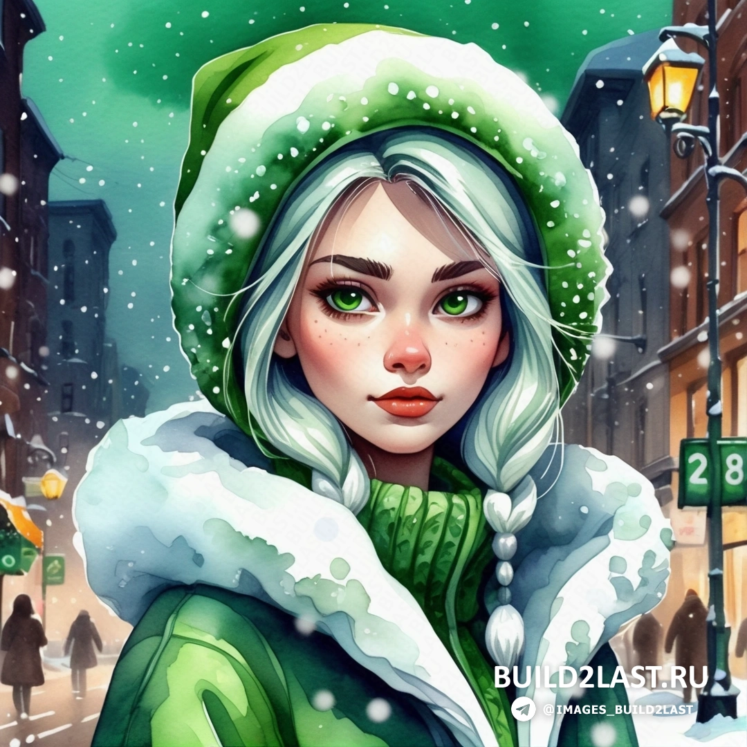 Снегурочка в зеленом пальто и шляпе на снегу с уличным фонарем