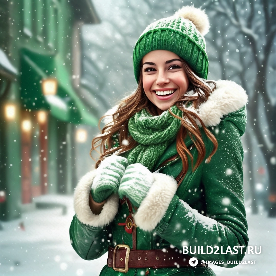 женщина в зеленом пальто и шляпе улыбается и держит зеленую сумку на снегу, за ней заснеженная улица