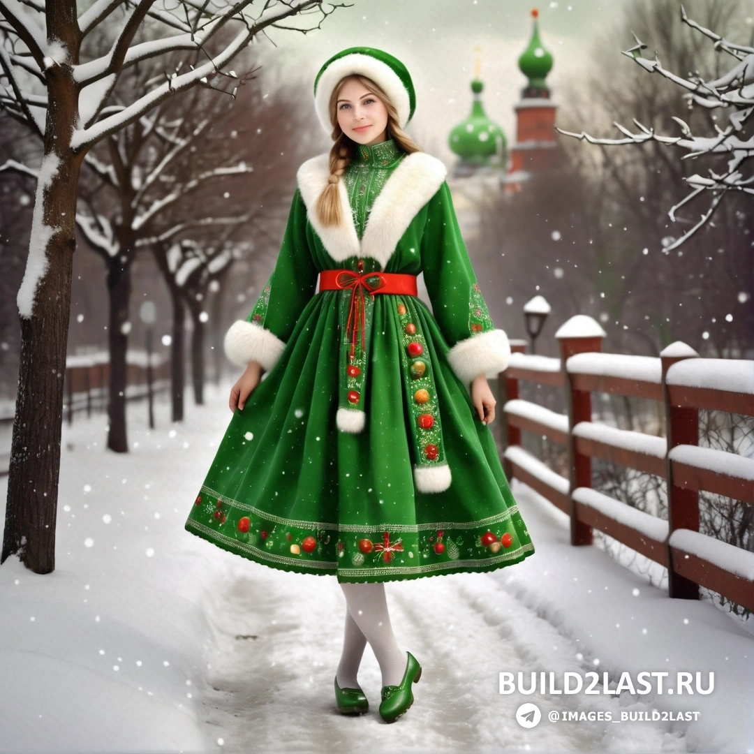 Снегурочка в зеленом платье и шляпе, стоящая в снегу на фоне забора и деревьев