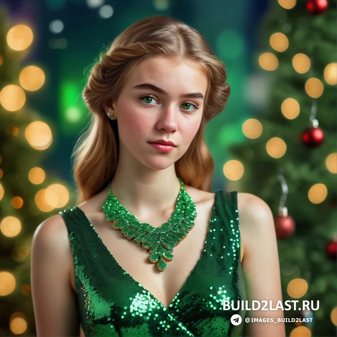 женщина в зеленом платье и зеленом ожерелье, стоящая перед рождественской елкой