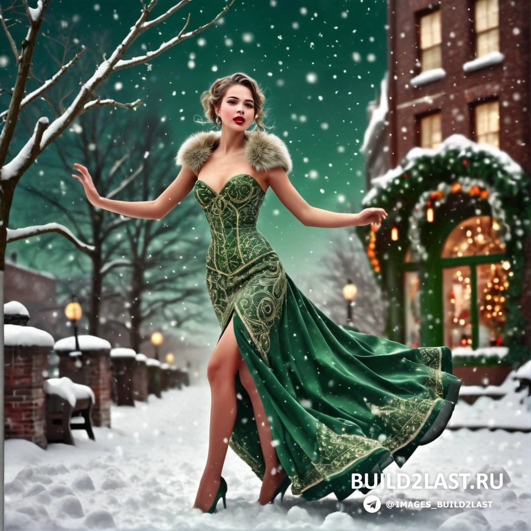 женщина в зеленом платье идет по снегу в заснеженном городе с рождественской елкой и освещенным домом