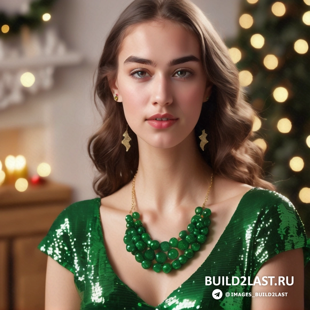 женщина в зеленом платье и зеленом ожерелье с золотыми звездами и рождественской елкой