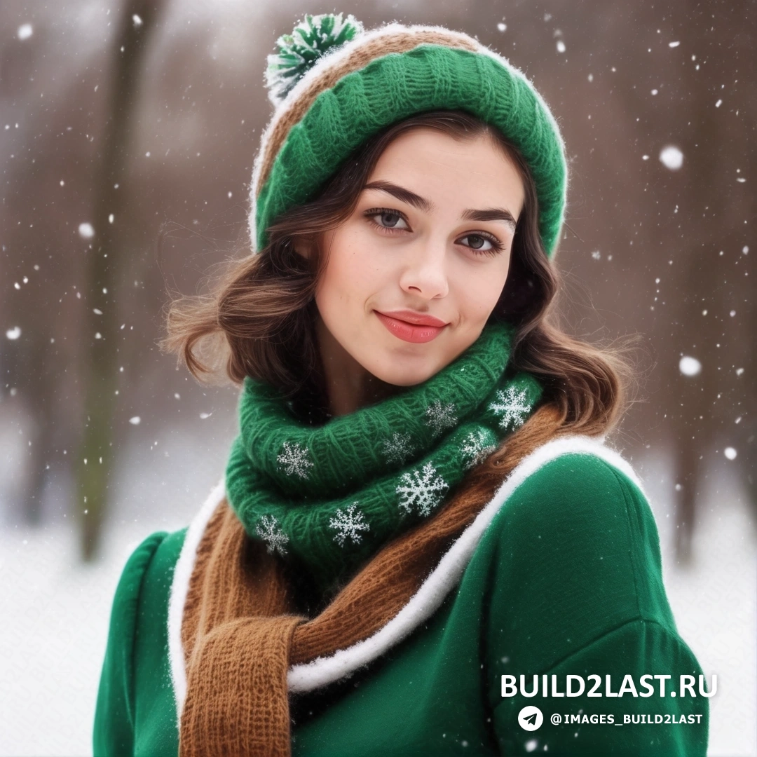 женщина в зеленой шапке и шарфе на снегу с зеленым свитером со снежинками