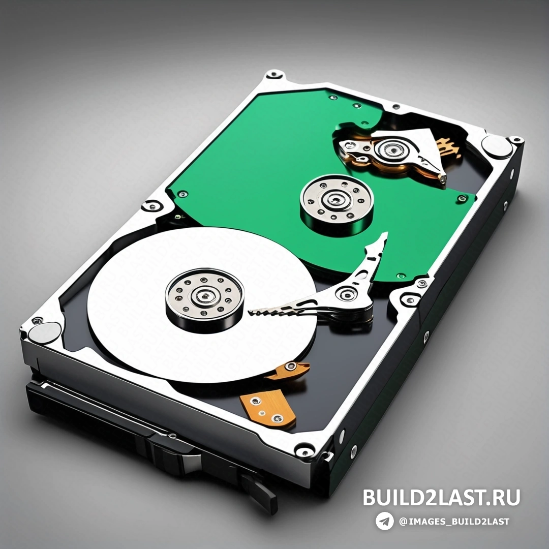 Компьютерное искусство - компьютерный рендеринг. Жесткий диск с зеленой крышкой и двумя винтами сбоку и в черном корпусе.