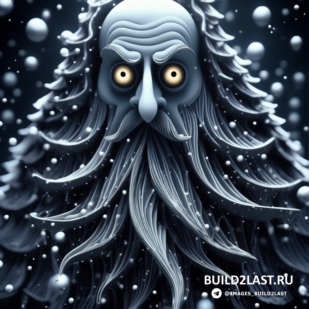 жутко выглядящее существо с бородой и глазами на снегу с пузырьками вокруг и темным фоном