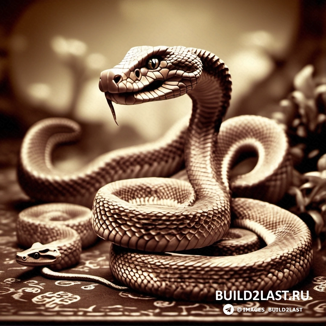 змея изображена на столе, другие змеи и сосновая шишка с размытым фоном