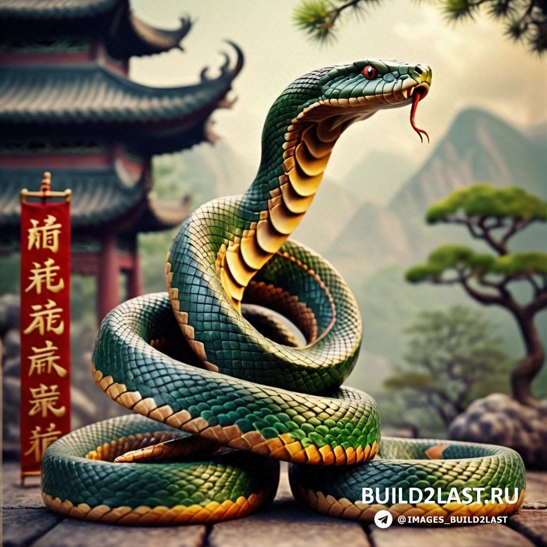 змея с открытой пастью и китайский флаг, горная сцена и пагода с пагодой