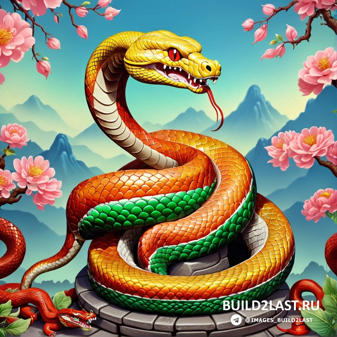 змея с зеленой и красной змеей на голове и розовым цветком с горами и цветами