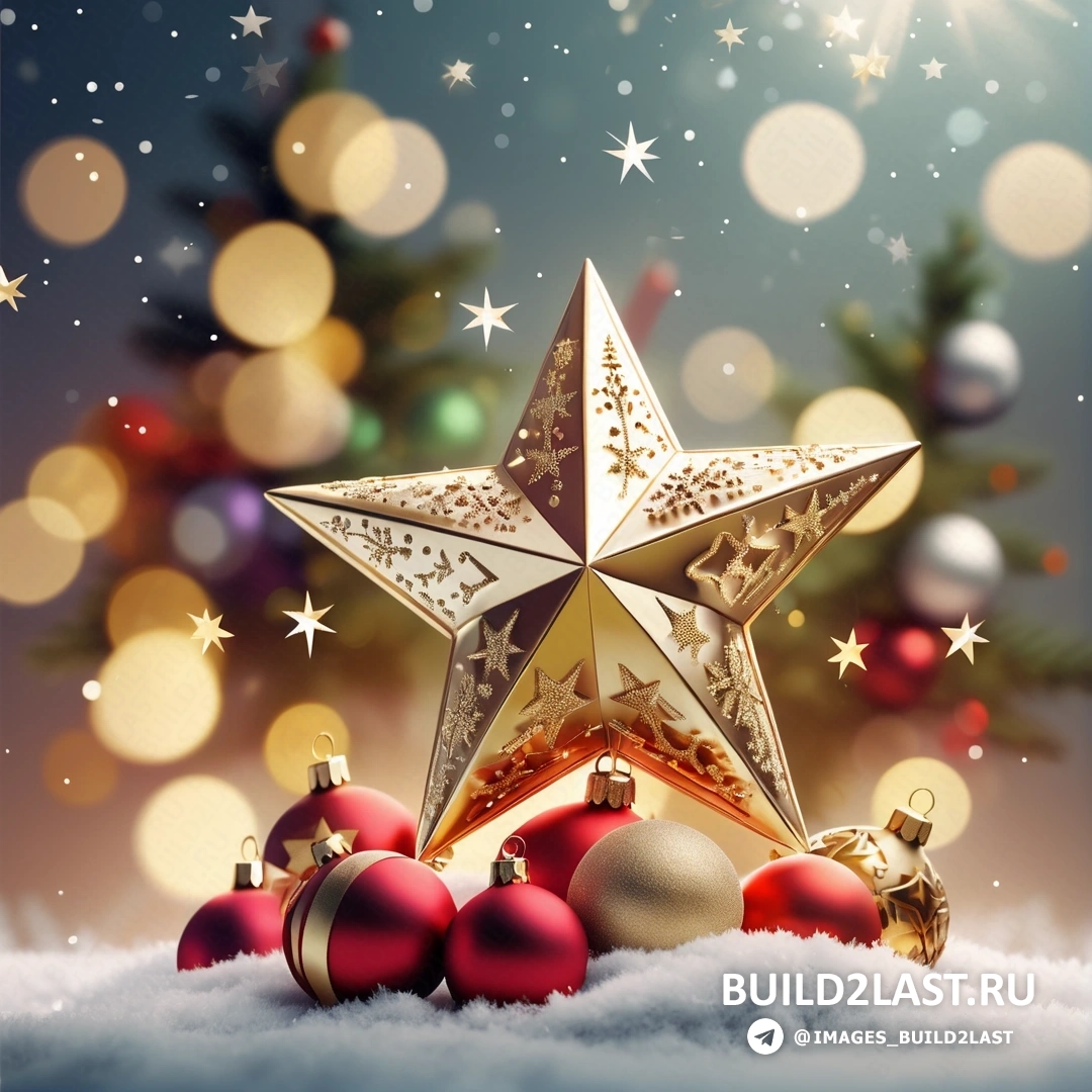 звезда в окружении рождественских украшений и безделушек на снегу с рождественской елкой