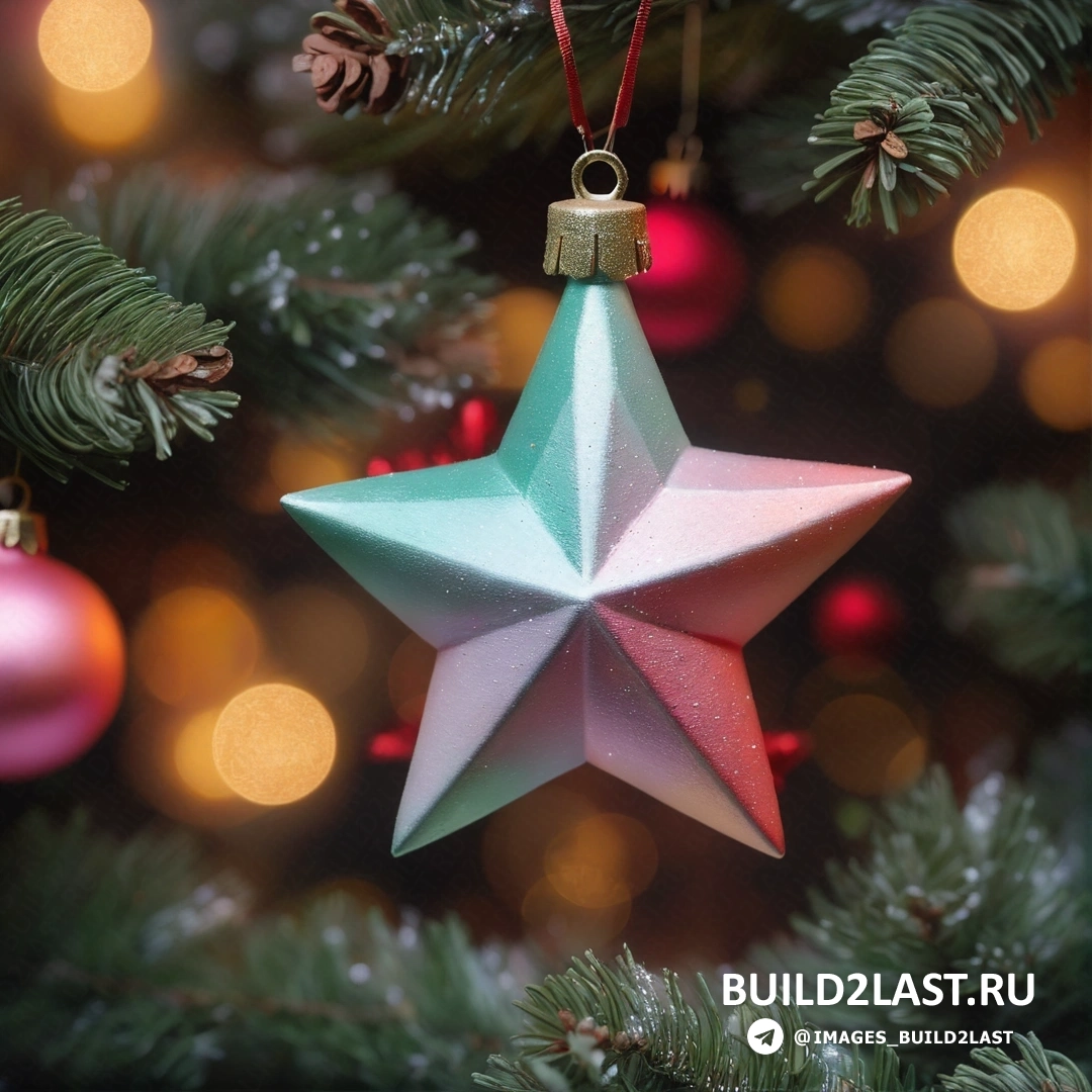 звездное украшение, свисающее с рождественской елки, с огнями и размытой рождественской елкой