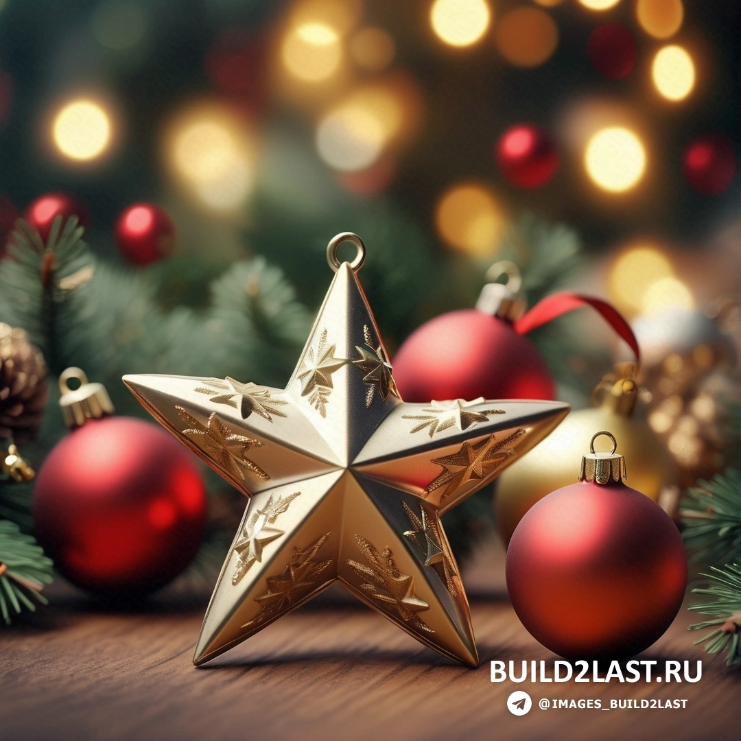звездный орнамент с рождественскими украшениями вокруг него на столе с размытым фоном из рождественских огней