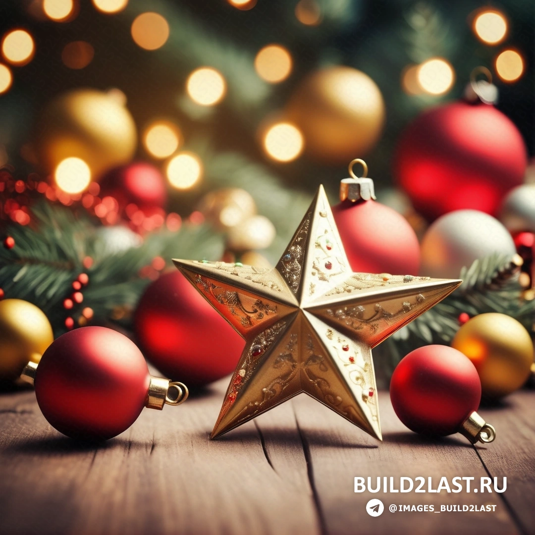 звездный орнамент в окружении рождественских украшений на деревянном столе с рождественской елкой