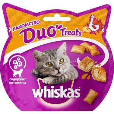 Лакомство и перекус для кошек Whiskas, Лакомство для кошек Whiskas Duo Treats c индейкой и сыром 40 г