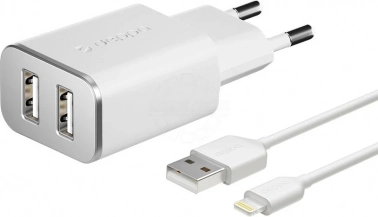 Сетевое зарядное устройство, Deppa 2 USB 2.4А + дата-кабель Apple 8pin MFI (белый)
